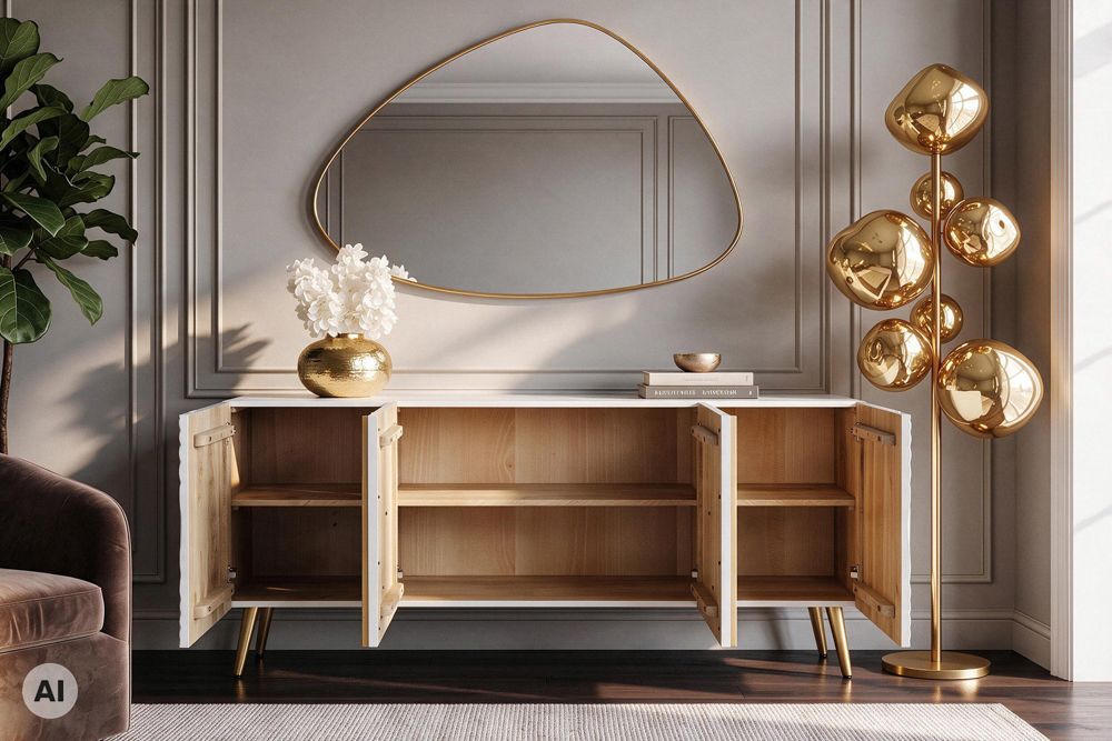 Massives Sideboard AURUM 180cm weiß Mangoholz mit ikonischem Gold-Element