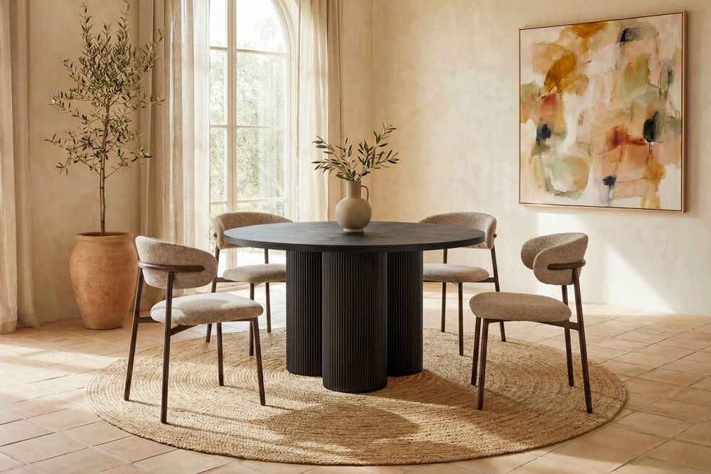 Design Esstisch BABYLON 120cm schwarz Fischgrät Eiche rund mit drei Säulenfüßen