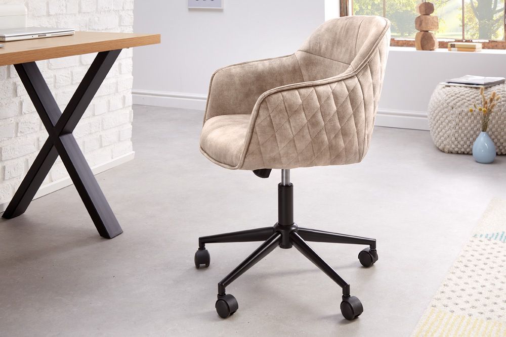 Höhenverstellbarer Design Bürostuhl EUPHORIA champagner greige Samt drehbar Ziersteppung