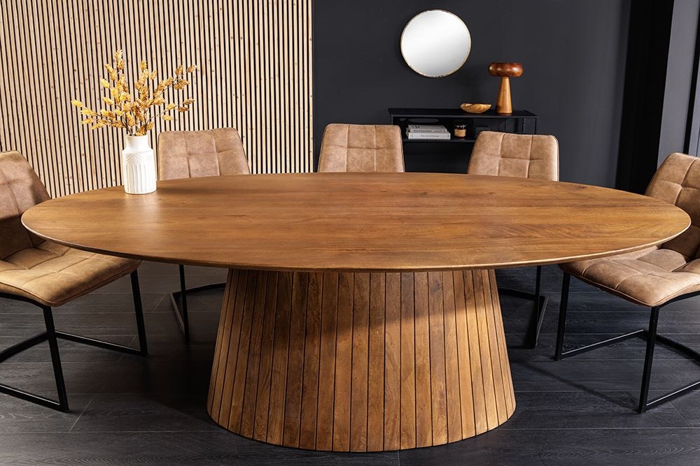 Ovaler Esstisch ART DECO 220cm braun smoked massives Mangoholz mit Säulenfuß