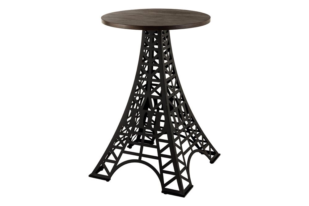 Runder Bartisch PARIS LOFT 105cm dunkelbraun Mangoholz Eiffelturm-Design