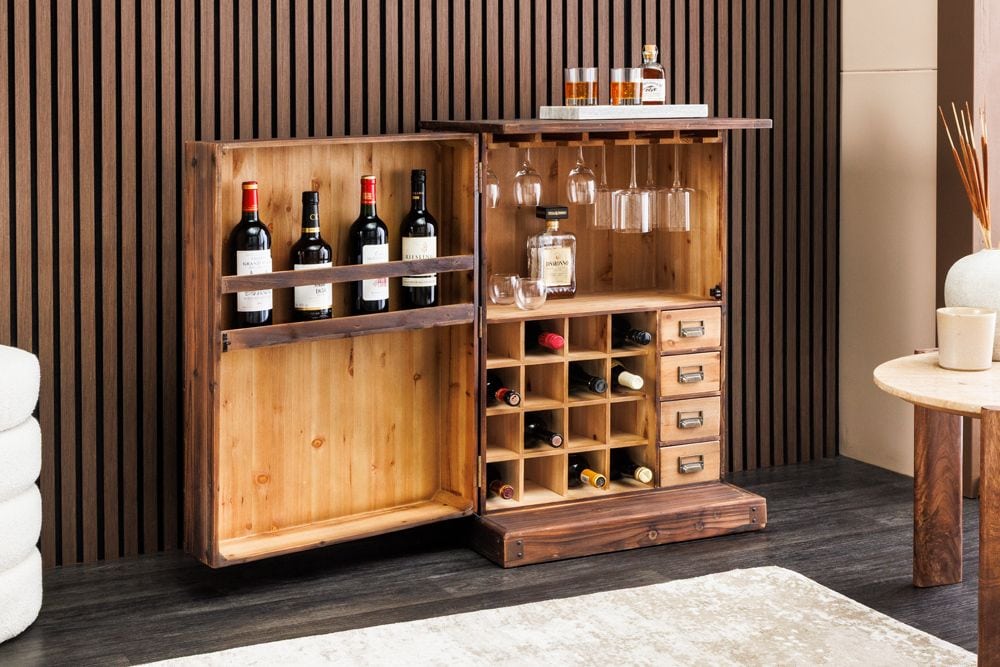 Design Barschrank BODEGA 90cm natur Pinienholz Weinregal Glashalter Schubladen