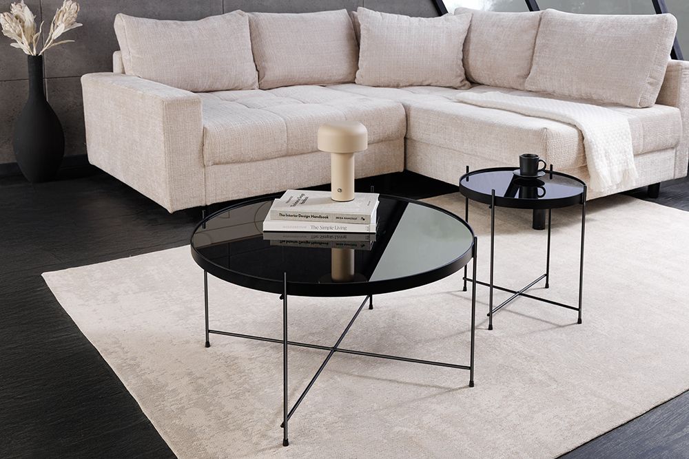 Runder Couchtisch ELEGANCE 45cm anthrazit Glas schwarz Metallgestell