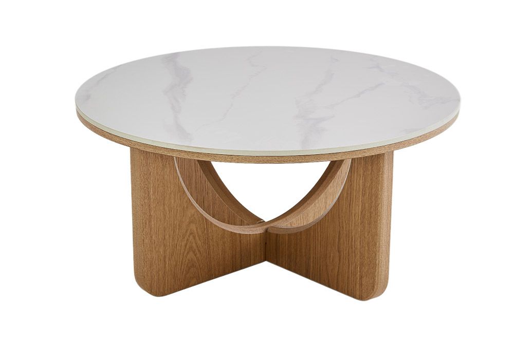 Runder Couchtisch ENSO 80cm weiß Marmor Keramik Eichenholz