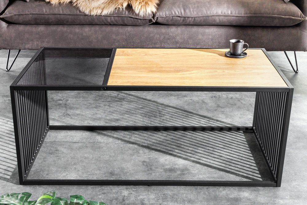 Design Couchtisch ARCHITECTURE 100cm schwarz Wildeiche Rauchglas Metall Holz