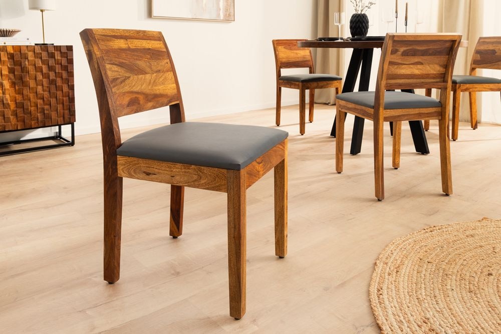 Massivholz Stuhl PURE braun stone finish dunkelgrau Sheesham mit Kunstlederbezug