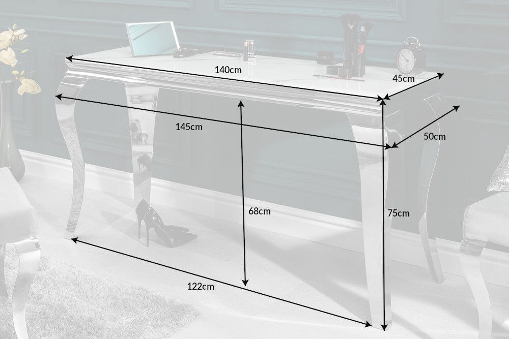 Eleganter Konsolentisch MODERN BAROCK 145cm mit Glasplatte Marmoroptik Edelstahlbeine
