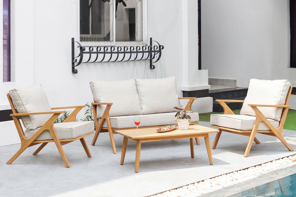 Wetterfestes Gartenlounge-Set COMFORT LINE natur beige Akazie 4-teilig inkl. Tisch
