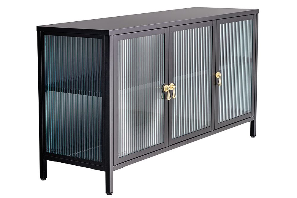 Modernes Sideboard AMSTERDAM 105cm schwarz gold Riffelglas Metall Vitrine Schrank
