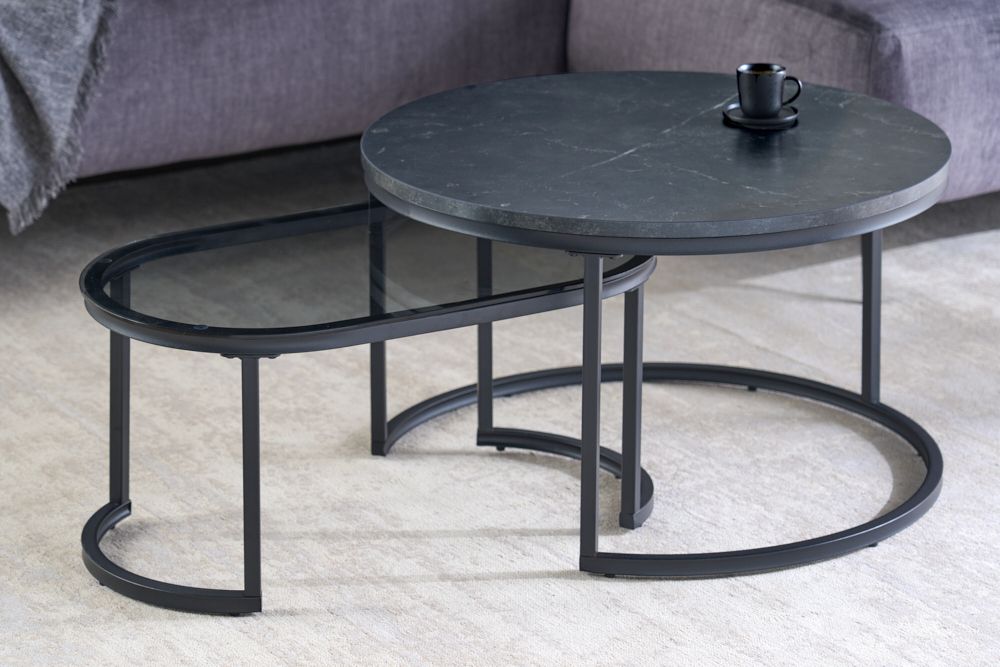 2er Set Couchtisch ELEGANCE 70cm graphit Marmor-Design Glas Metall rund oval