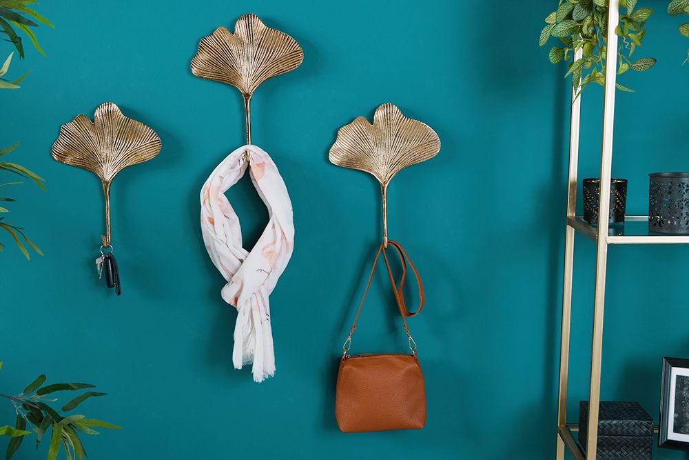 Dekoratives Kleiderhaken 3er Set GINKGO 30cm gold handmade Metall