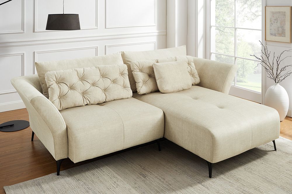 Modernes Ecksofa MARRAKESCH 265cm beige Samt 3-Sitzer inkl. Kissen Ottomane rechts