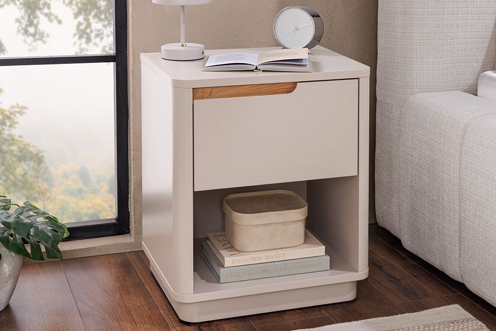 Design Nachtschrank LIV 55cm cashmere weiß mit Schublade und offenem Fach