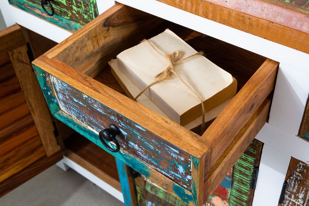 Einzigartiges Sideboard JAKARTA 160cm weiß bunt recyceltes Massivholz aus Fischerbooten
