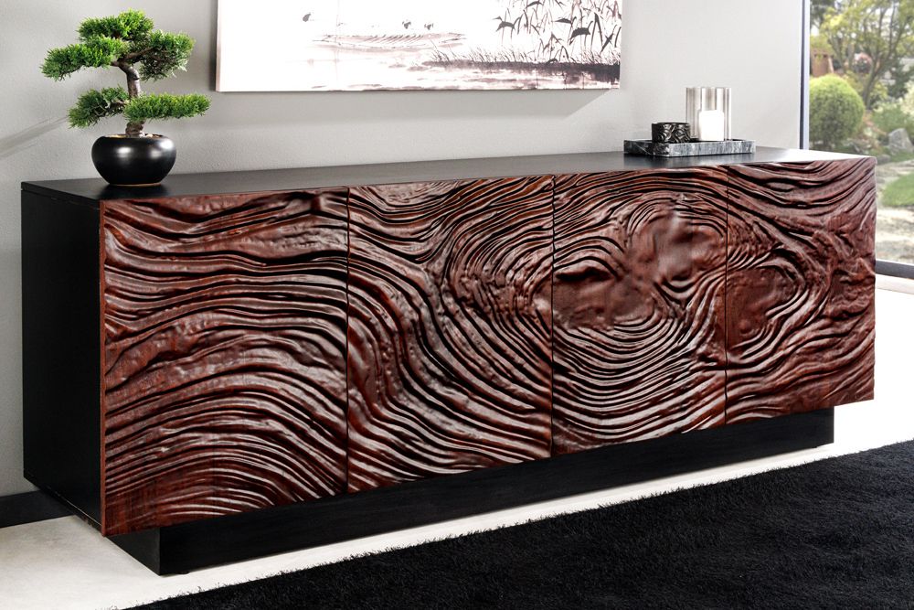 Massives Sideboard FLUID 175cm walnuss-braun Akazienholz 3D-Design schwarzer Sockelfuß