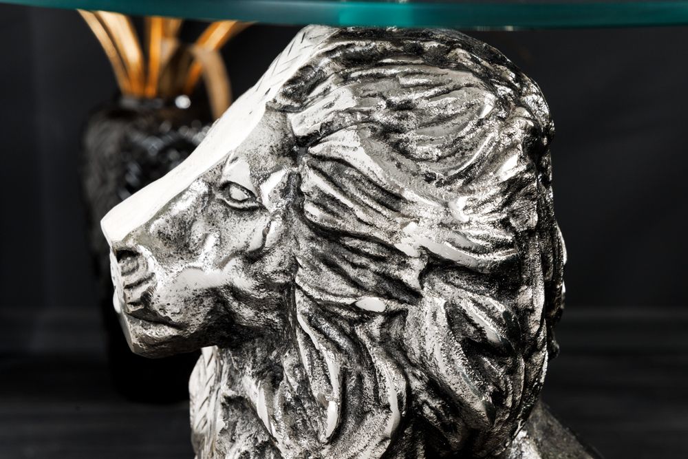 Runder Beistelltisch WILDLIFE LION 60cm silber antik Metall Glas Löwen Skulptur