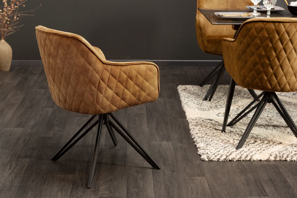 Drehbarer Design Stuhl EUPHORIA senfgelb Samt mit Armlehne Metallgestell schwarz
