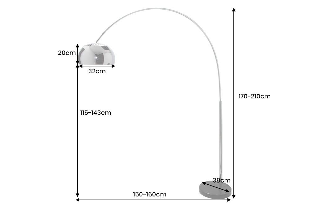 Ausziehbare Bogenlampe LOUNGE DEAL 170-210cm chrom Marmorfuß Stehlampe