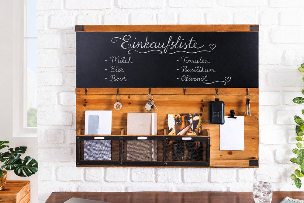 Praktisches Wandboard HERITAGE 80cm natur Pinie 6 Haken Kreidetafel Schlüsselbrett