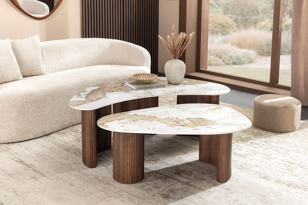 2er Set Couchtische OSAKA 120cm weiß Pandora Keramik Walnuss