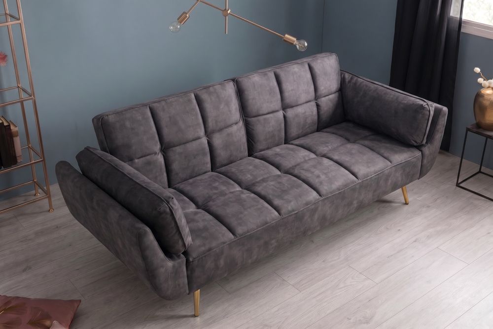 Retro Schlafsofa BOUTIQUE 215cm dunkelgrau Samt 3-Sitzer mit goldenen Füßen
