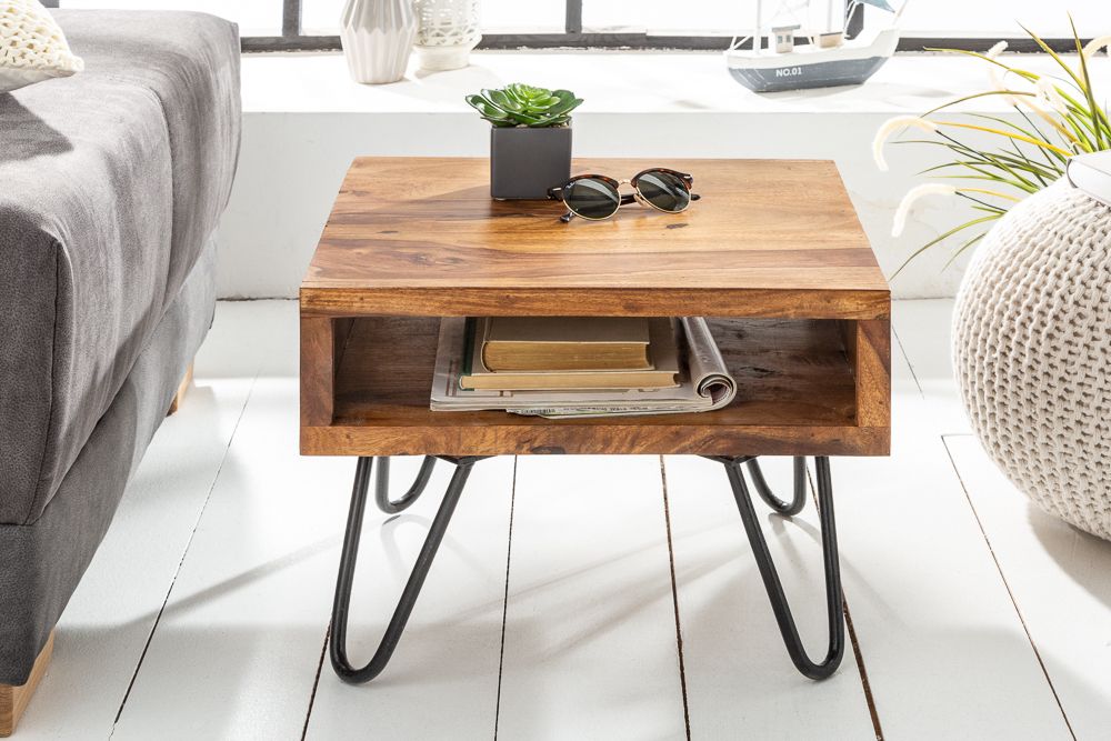 Massivholz Beistelltisch SCORPION 45cm braun Sheesham stone finish Hairpin Legs Stauraum