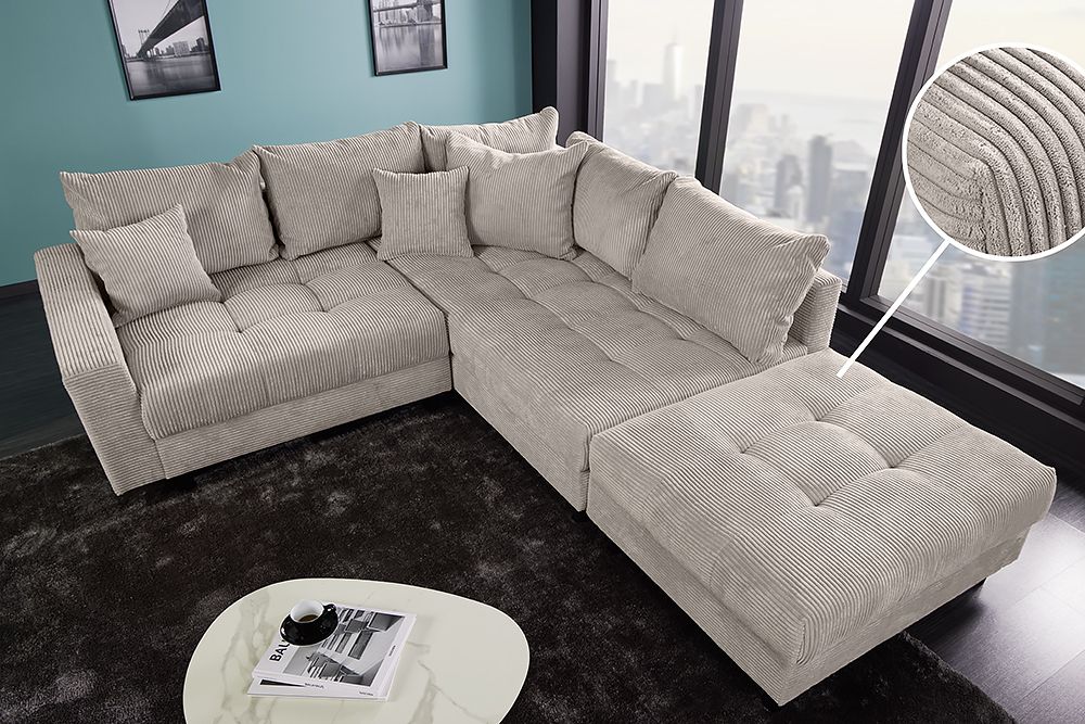 Modernes Ecksofa KENT 220cm greige Cord inkl. Hocker Federkern L-Form Wohnlandschaft
