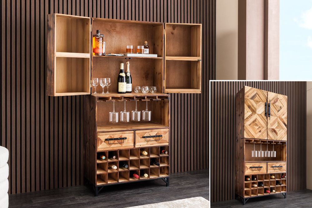 Design Barschrank BODEGA 160cm natur Pinienholz Weinregal Glashalter Schubladen