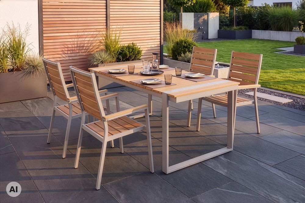 Wetterfester Gartentisch TAMPA LOUNGE 125cm greige natur Aluminium Metall Holz-Design Outdoor