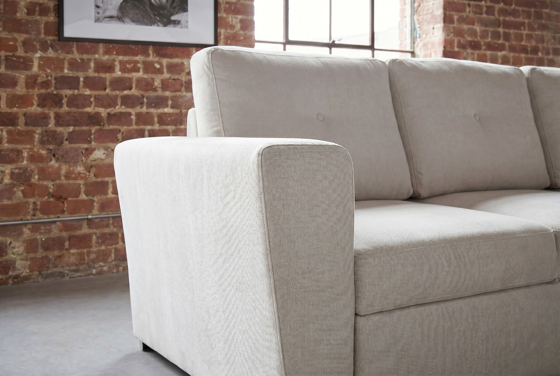 Ecksofa mit Schlaffunktion APARTMENT beidseitig aufbaubar beige Strukturstoff inkl. Stauraum