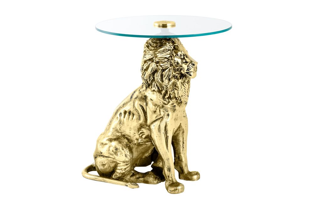 Runder Beistelltisch WILDLIFE LION 60cm gold antik Metall Glas Löwen Skulptur