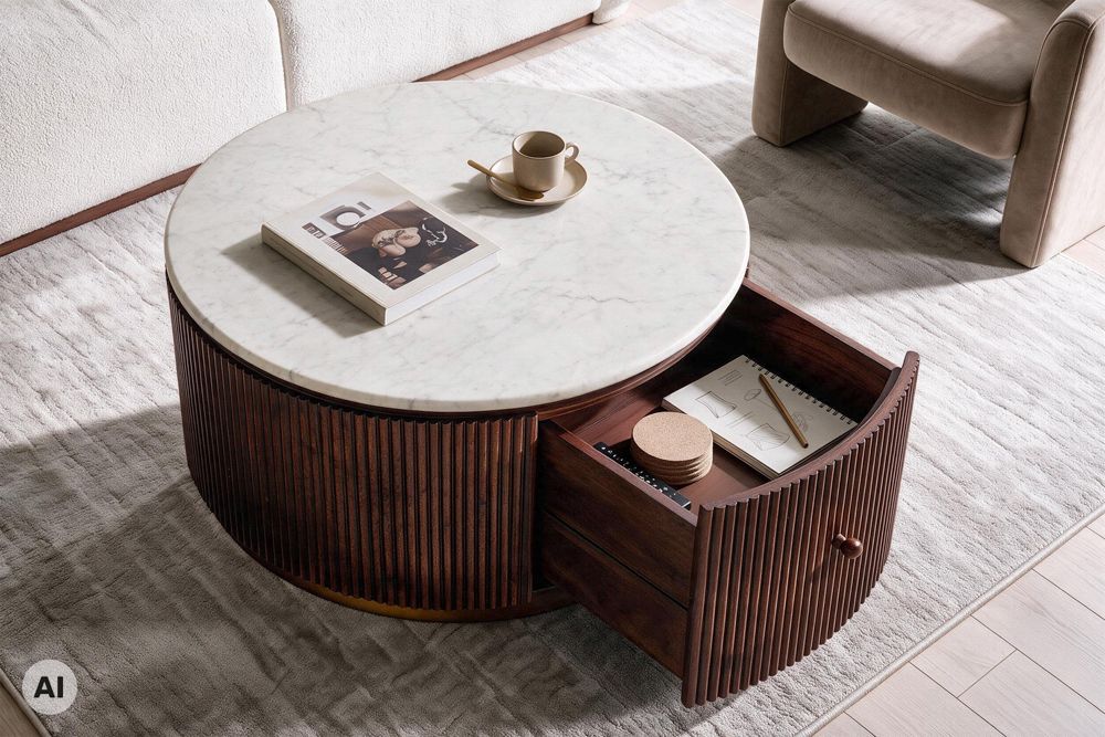 Runder Couchtisch COFFEE TABLE GATSBY 70cm braun weiß Mangoholz Marmor Schublade