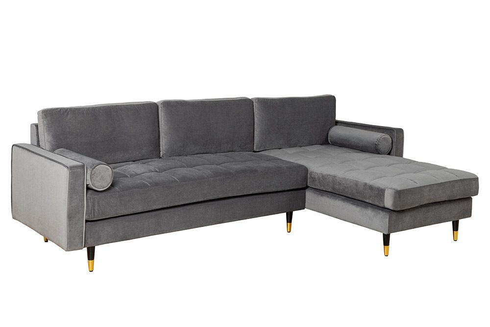 Elegantes Ecksofa COZY VELVET 260cm grau Samt Federkern 3-Sitzer