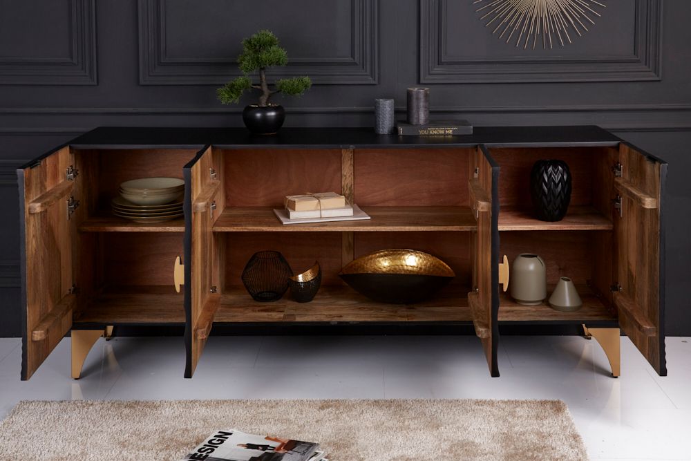 Handgearbeitetes Sideboard GOLDEN SUNSET 180cm schwarz mit 3D Schnitzereien gold Mangoholz Metallbeine