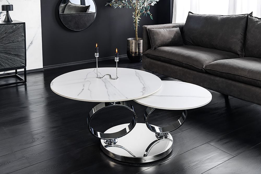 Design Couchtisch DANCING RINGS weiß rund drehbar Marmor Keramik Chrome Gestell