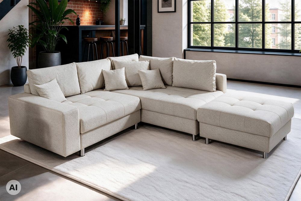 Wohnlandschaft KENT 220cm beige Strukturstoff  Ecksofa Federkern inkl. Hocker