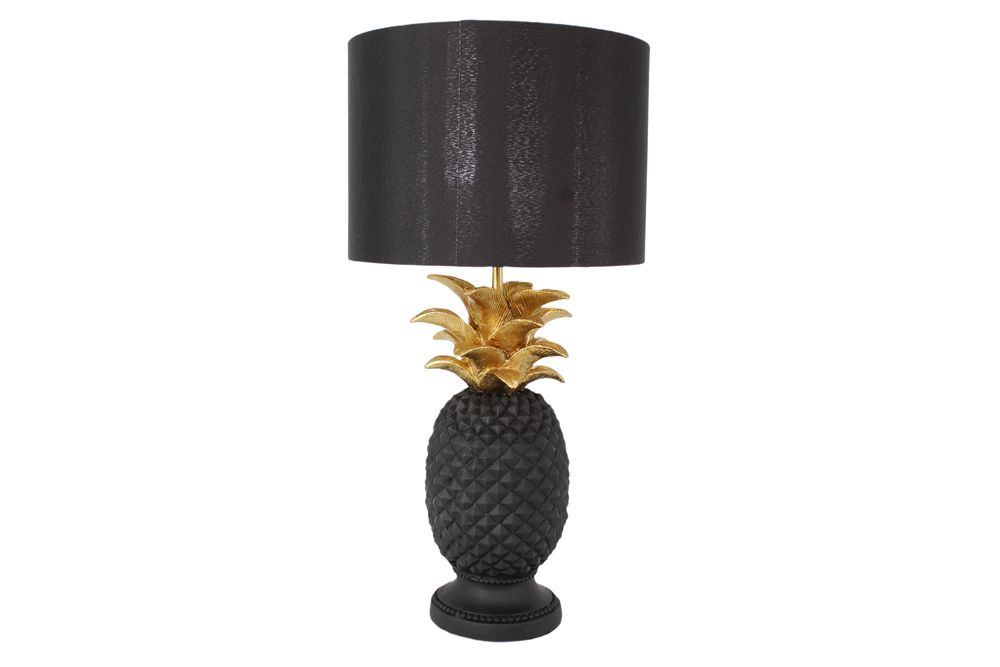 Handgefertigte Tischlampe PINEAPPLE 50cm schwarz Ananas-Design gold mit Stoffschirm
