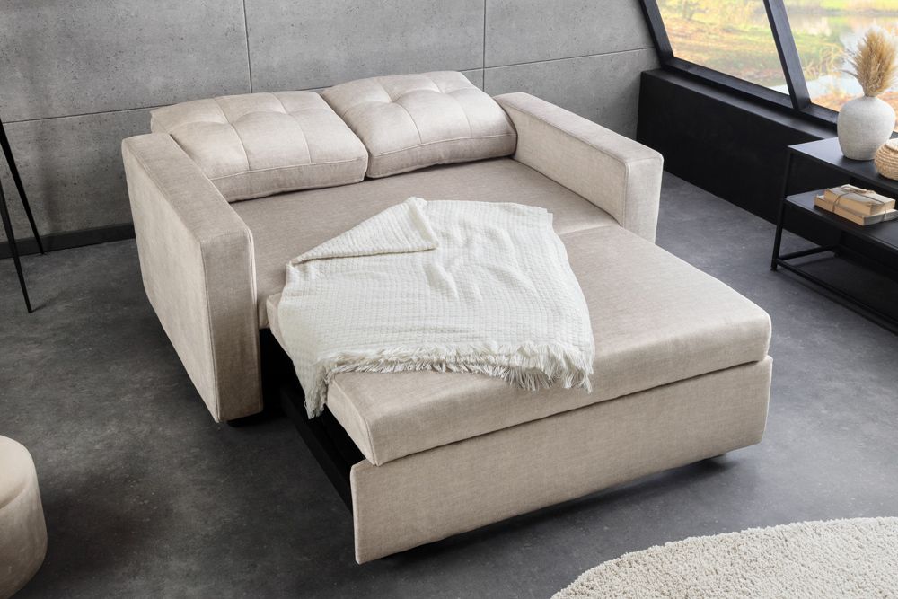 Sofa mit Schlaffunktion SMART 140cm champagner beige hochwertiger Vogue Seiden Samtstoff