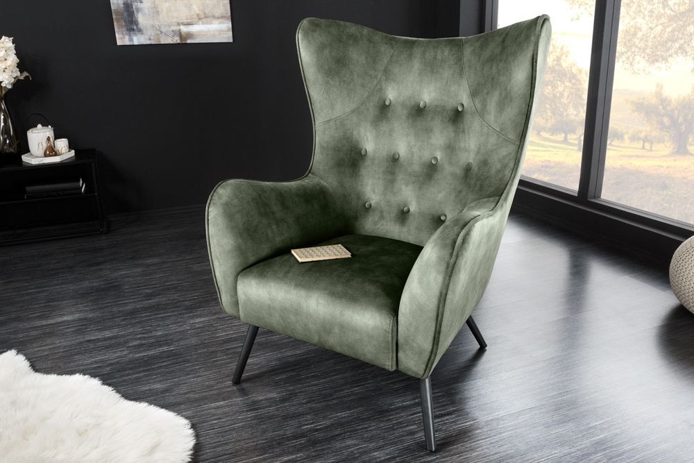 Design XL Sessel AMSTERDAM grün Samt schwarze Metallbeine Retro Stil