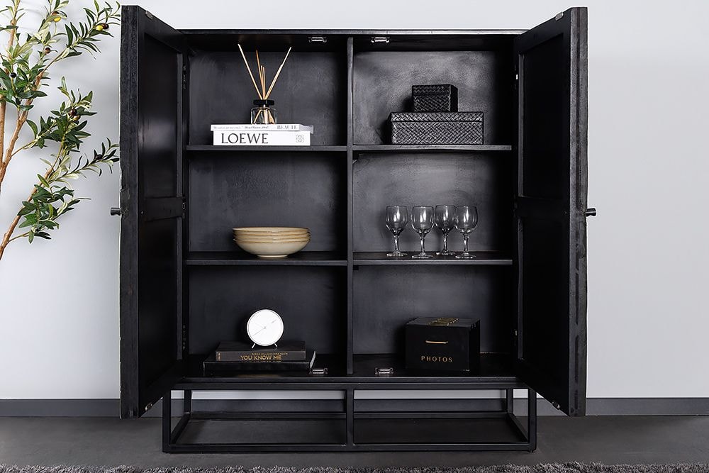 Massives Highboard BARRACUDA 120cm grau Mangoholz mit Teakholz-Front schwarz Metall