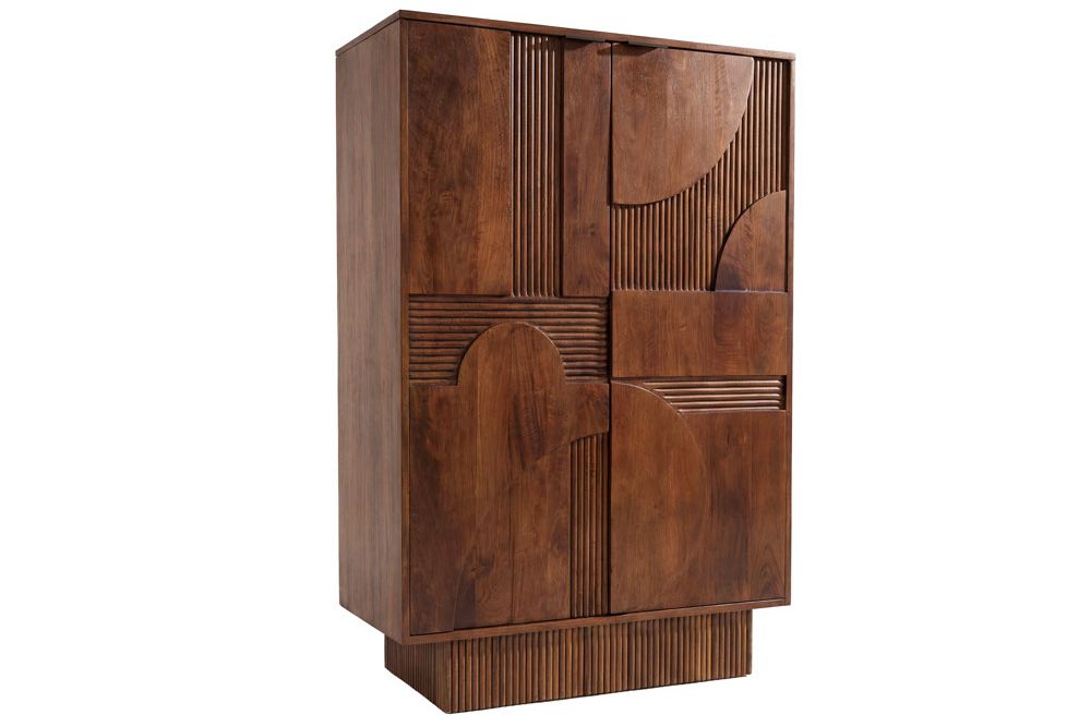 Massiver Barschrank ART DECO 140cm braun Mangoholz 3D-Front Highboard Flaschenregal
