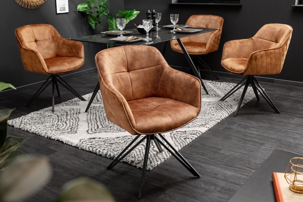 Drehbarer Design Stuhl EUPHORIA rost braun Samt mit Armlehne Metallgestell schwarz