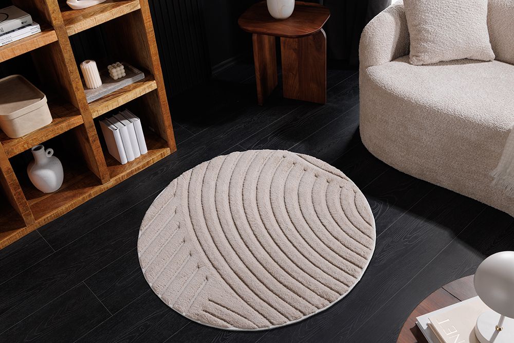 Runder 3D strukturierter Kurzflor Teppich ART DECO 80cm beige creme Hoch-Tief-Effekt