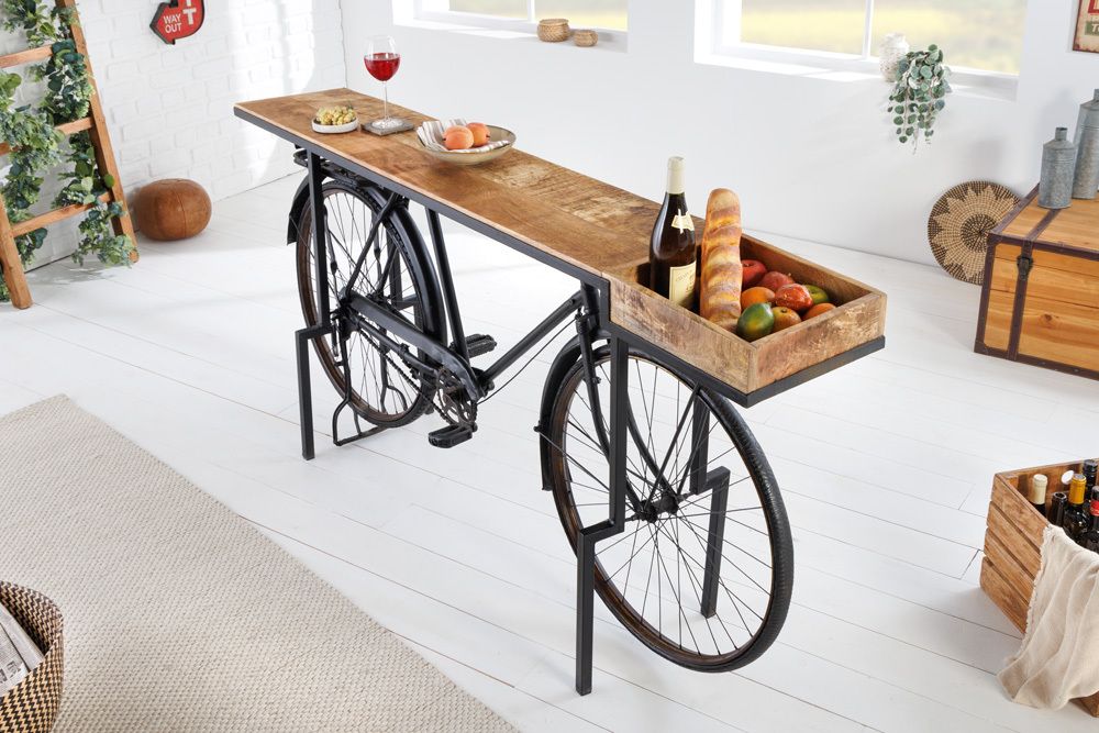 Retro Konsolentisch BICYCLE 195cm Mangoholz Fahrrad Bartisch Upcycling