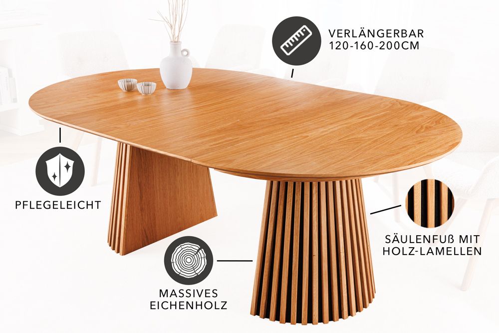 Ausziehbarer Esstisch VALHALLA WOOD 120-160-200cm natur Eichenholz oval Säulenfuß