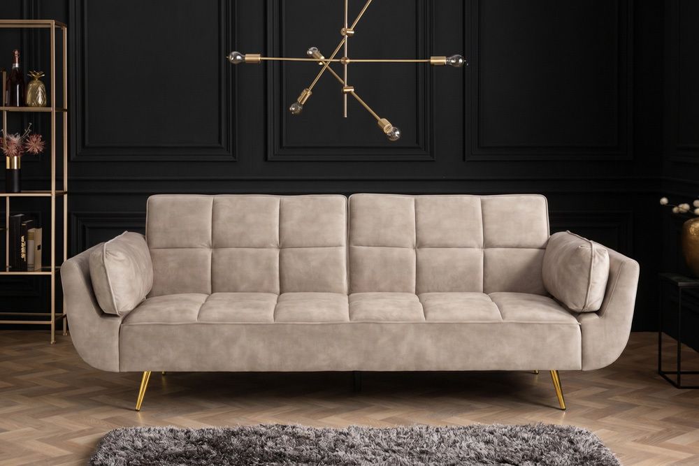Retro Schlafsofa BOUTIQUE 215cm champagner beige Samt 3-Sitzer mit goldenen Füßen