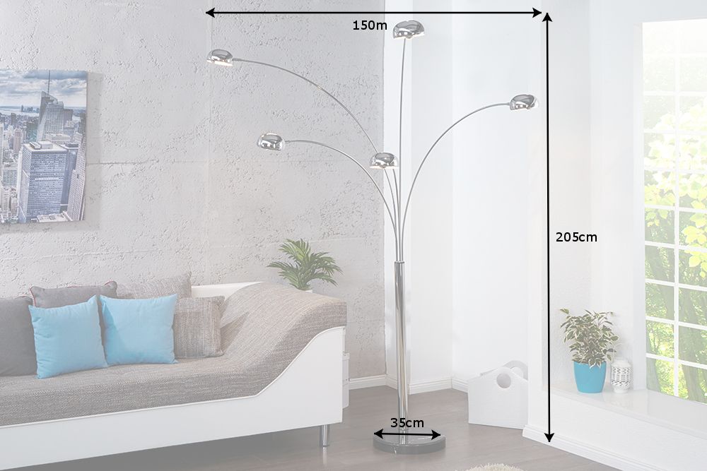 Design Bogenlampe FIVE LIGHTS 205cm chrom Stehlampe mit schwarzem Marmorfuß
