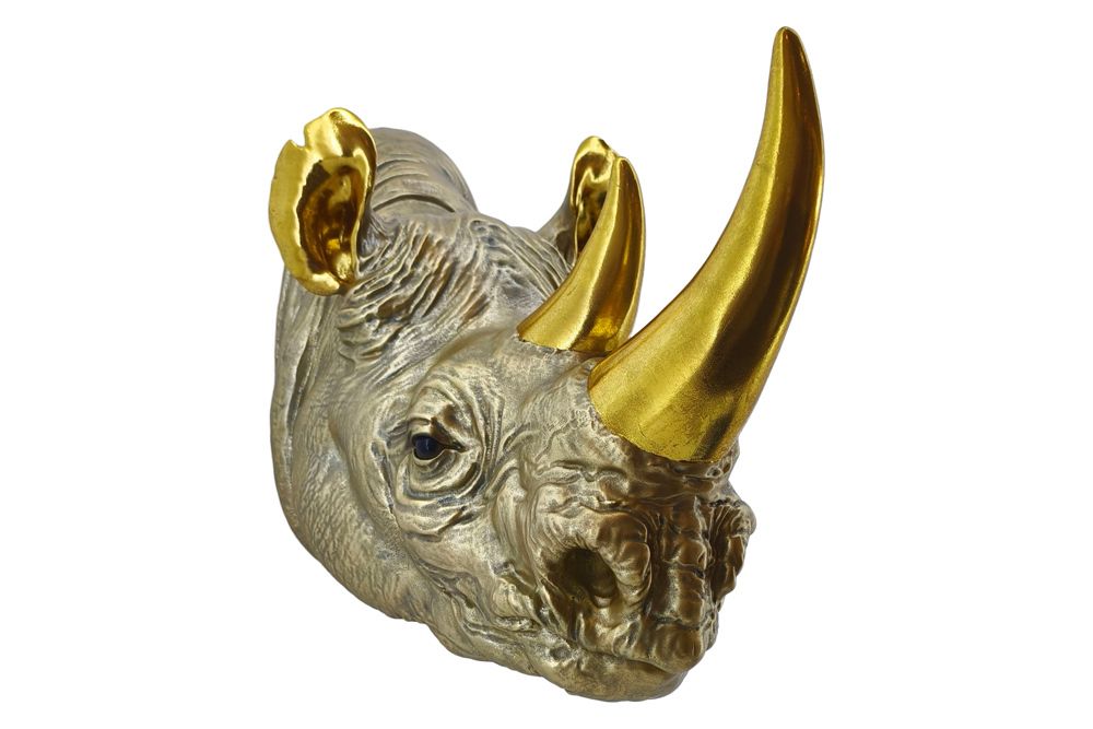 Deko-Wandfigur RHINO 40cm gold handmade Nashorn-Skulptur