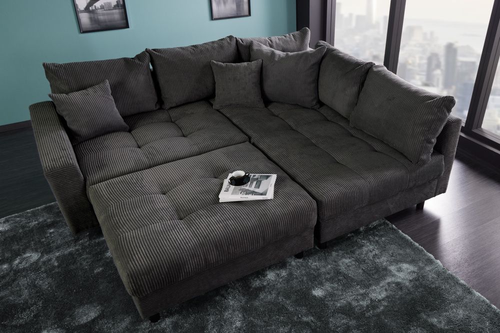 Modernes Ecksofa KENT 220cm dunkelgrau Cord inklusive Hocker Federkern Wohnlandschaft