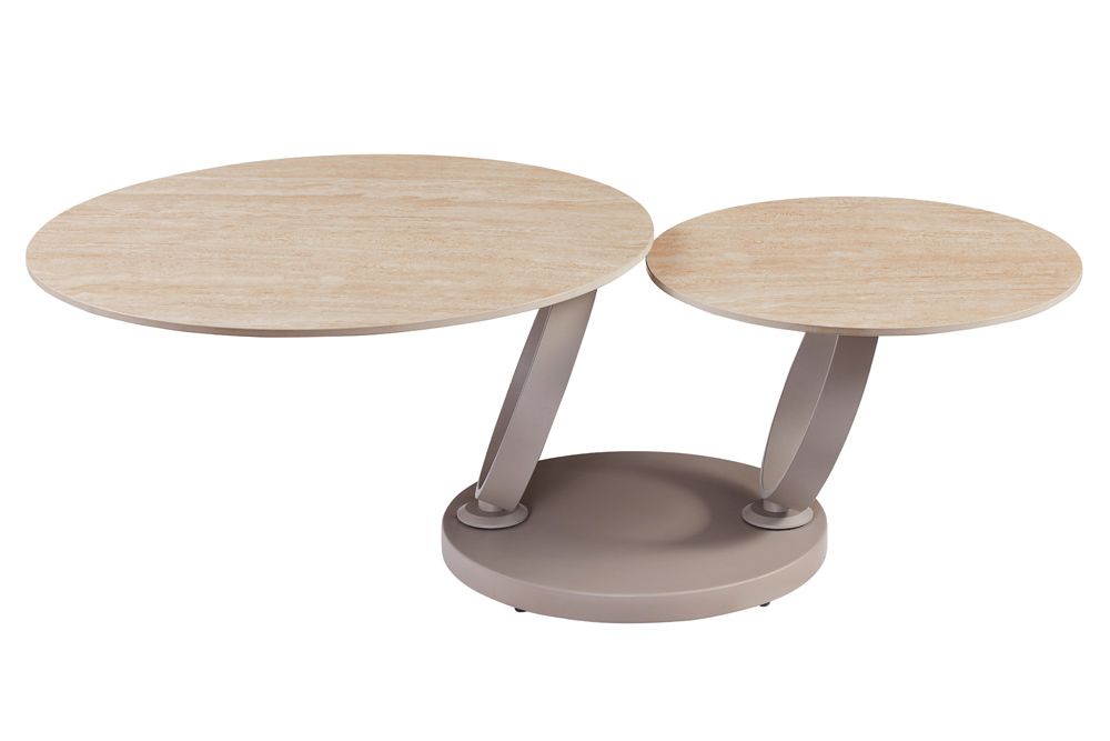 Design Couchtisch DANCING RINGS natur rund drehbar Travertin Keramik champagner greige